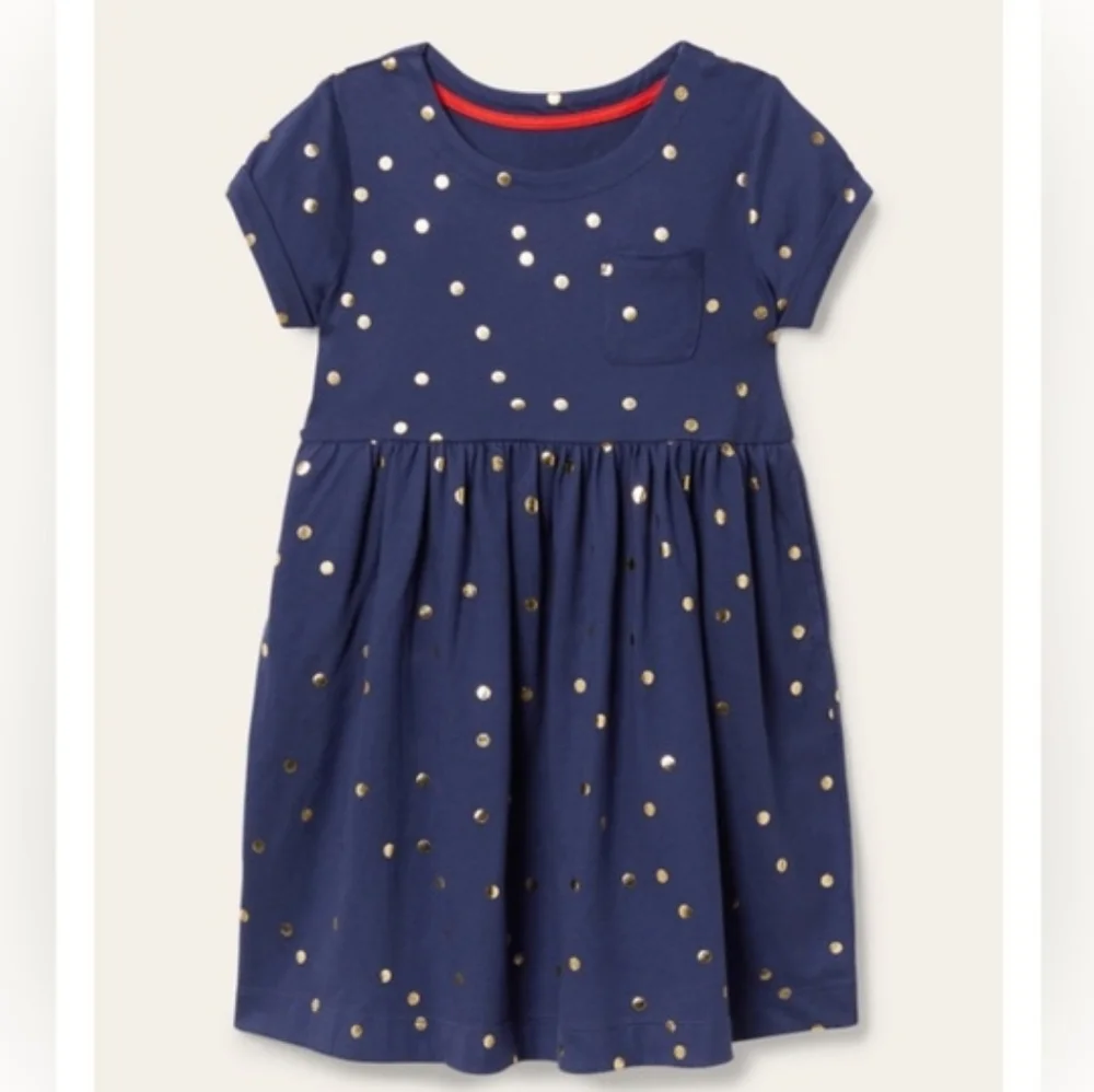 Mini Boden blue metallic gold polka dot short sleeve dress, 11-12Y